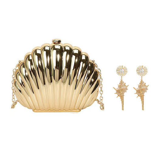 Women Acrylic Clutch Shell Shape Shoulder Novelty Chain Strap Purse Evening Bags & Shell Earrings for Party Prom