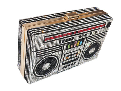 Women Retro Radio Shape BoomBox Crossbody Bag Rhinestone Metal Vintage Evening Clutch Purses