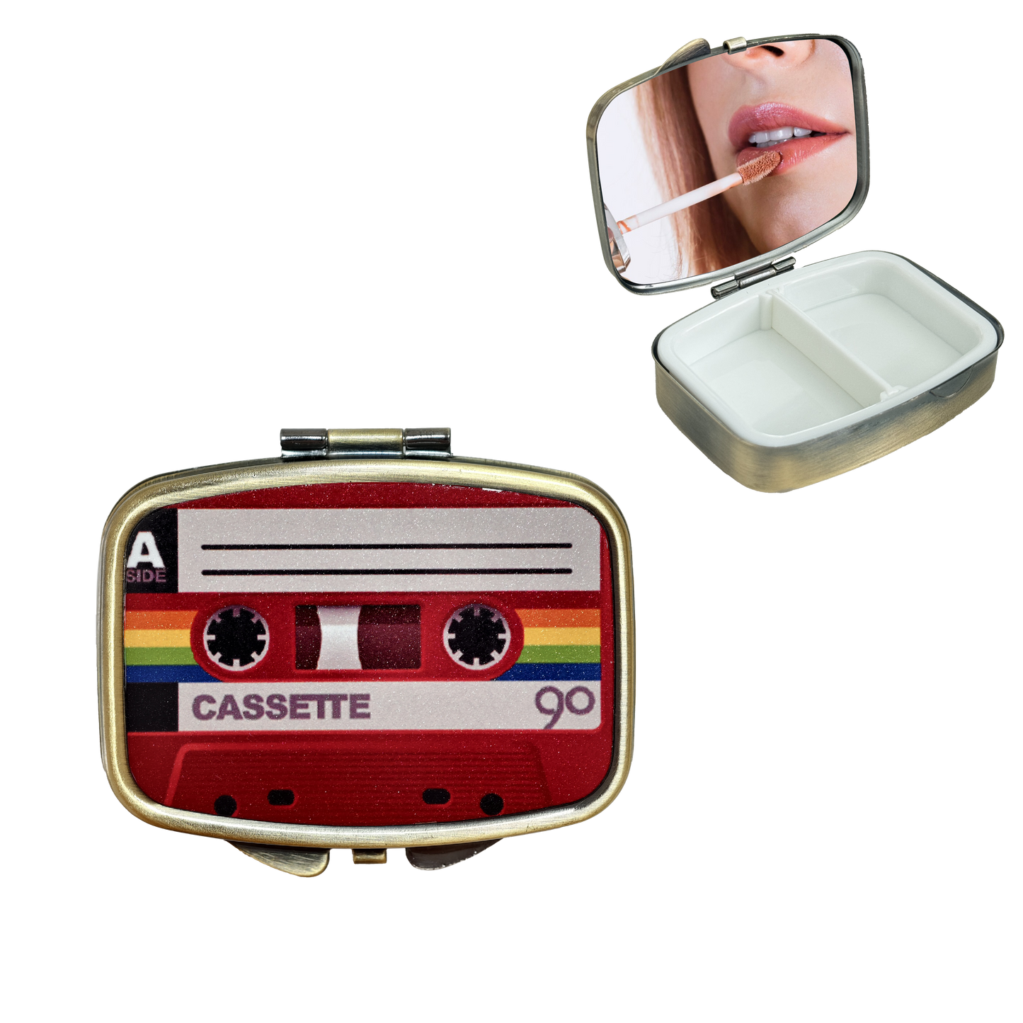 2 Compartment Pill Organizer Metal Portable Pill Box 2 Times a Day for Vitamin,Supplements Cassette Tape