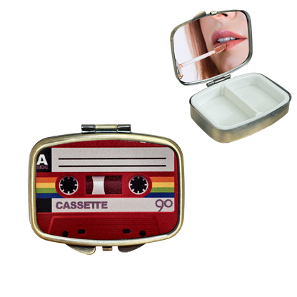 2 Compartment Pill Organizer Metal Portable Pill Box 2 Times a Day for Vitamin,Supplements Cassette Tape