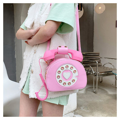 Novelty Pink Phone Tote Handbags Retro Dial Telephone Crossbody Shoulder Bag Pu Purse for Women