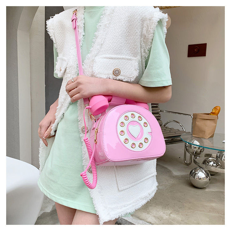 Novelty Pink Phone Tote Handbags Retro Dial Telephone Crossbody Shoulder Bag Pu Purse for Women