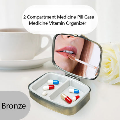 2 Compartment Pill Organizer Metal Portable Pill Box 2 Times a Day for Vitamin,Supplements Cassette Tape