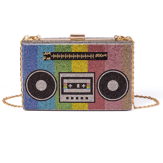 Women Retro Radio Shape Colorful BoomBox Crossbody Bag Rhinestone Metal Vintage Evening Clutch Purses