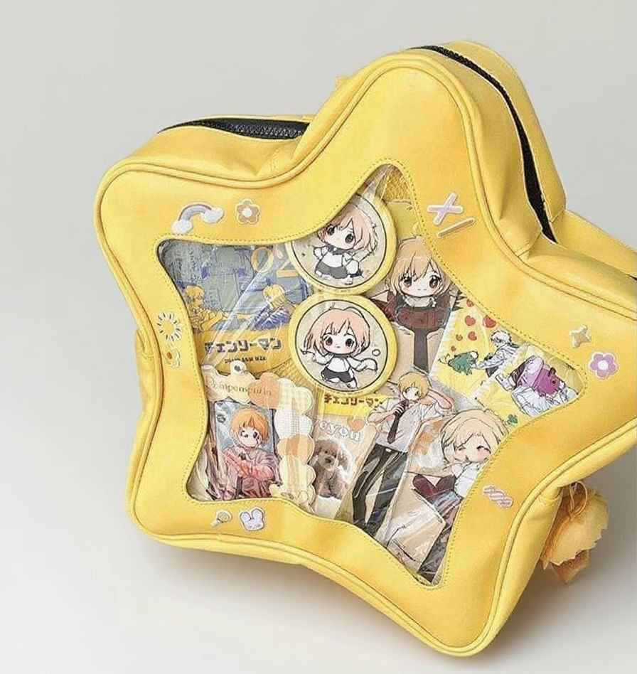 Kawaii Ita Bag Pin Display Backpack with Insert PU Leather Yellow Star Y2k Shoulder Bag Waterproof Bookbags (Yellow Star Pack)