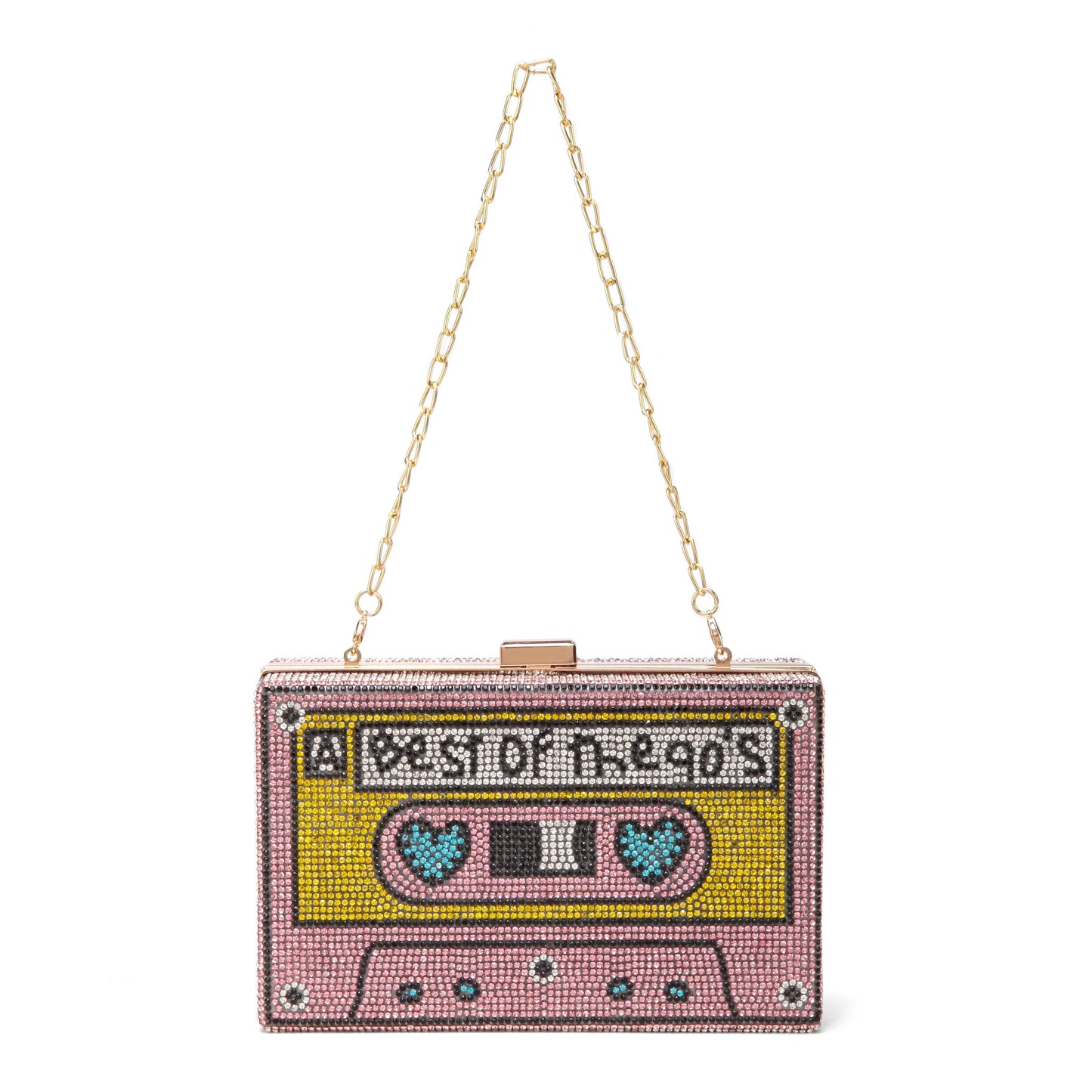 Women Retro Pink Cassette Tape Shape Crossbody Bag Rhinestone Metal Vintage Evening Clutch Purses