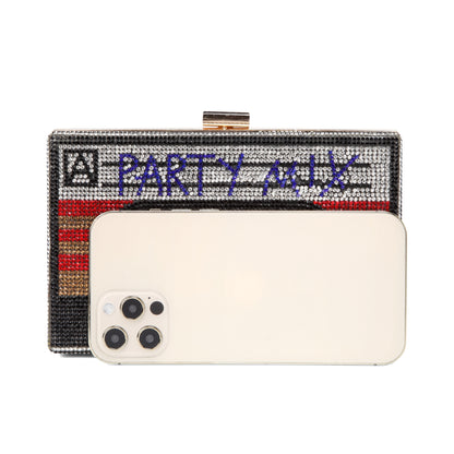 Women Cassette Tape Shape Party Mix Crossbody Bag Rhinestone Metal Vintage Evening Clutch Purses