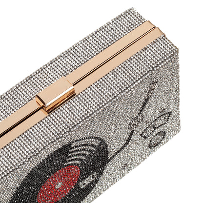 Women Retro Vinyl Record Player Shape Crossbody Bag Rhinestone Metal Vintage Evening Clutch Purses