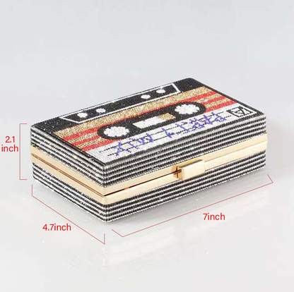 Women Cassette Tape Shape Party Mix Crossbody Bag Rhinestone Metal Vintage Evening Clutch Purses