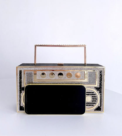 Women Retro Radio Shape BoomBox Crossbody Bag Rhinestone Metal Vintage Evening Clutch Purses