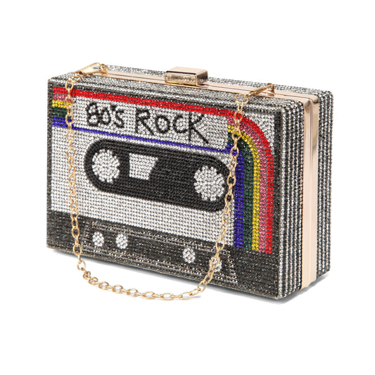 Women Cassette Tape Shape  80s Rainbow Crossbody Bag Rhinestone Metal Vintage Evening Clutch Purses