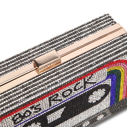 Women Cassette Tape Shape  80s Rainbow Crossbody Bag Rhinestone Metal Vintage Evening Clutch Purses