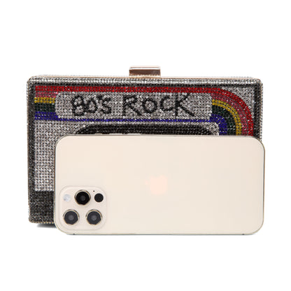 Women Cassette Tape Shape  80s Rainbow Crossbody Bag Rhinestone Metal Vintage Evening Clutch Purses