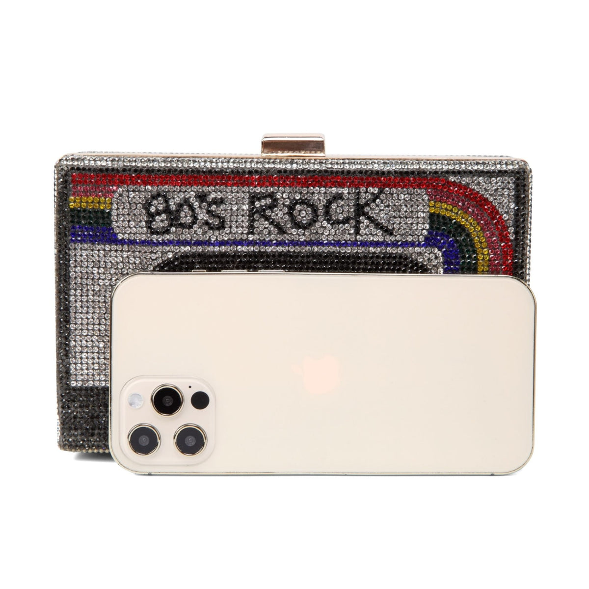Women Cassette Tape Shape  80s Rainbow Crossbody Bag Rhinestone Metal Vintage Evening Clutch Purses