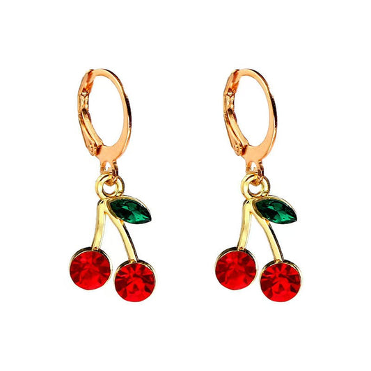 Green Leaf Ruby Red Crystal Cherry Earring for Women Personalized Creative Fruit Hoop Earring