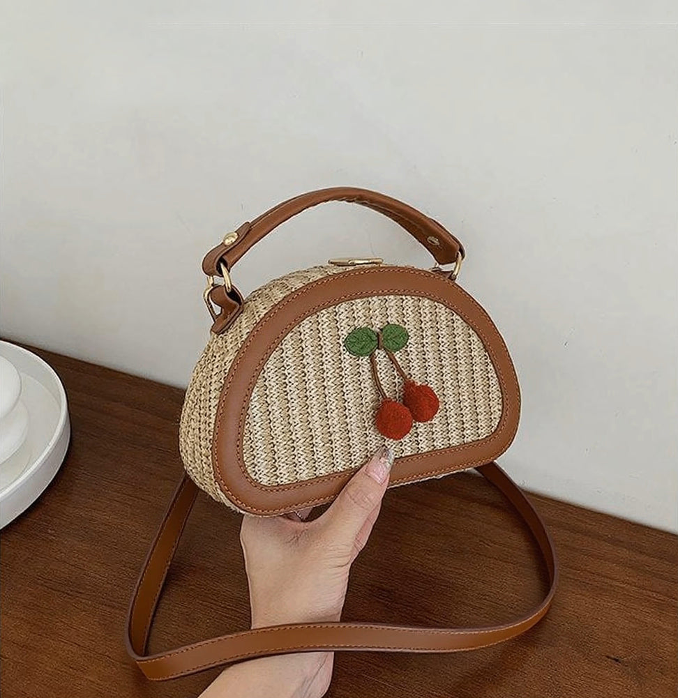 Straw Beach Bags For Women Bohemia Cherry Crossbody Purse Summer Vacation Bag Adjustable Shoulder Strap