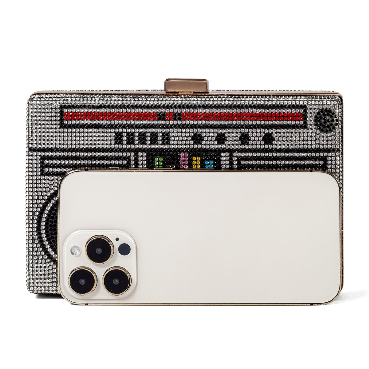 Women Retro Radio Shape BoomBox Crossbody Bag Rhinestone Metal Vintage Evening Clutch Purses