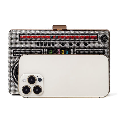 Women Retro Radio Shape BoomBox Crossbody Bag Rhinestone Metal Vintage Evening Clutch Purses