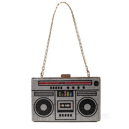 Women Retro Radio Shape BoomBox Crossbody Bag Rhinestone Metal Vintage Evening Clutch Purses