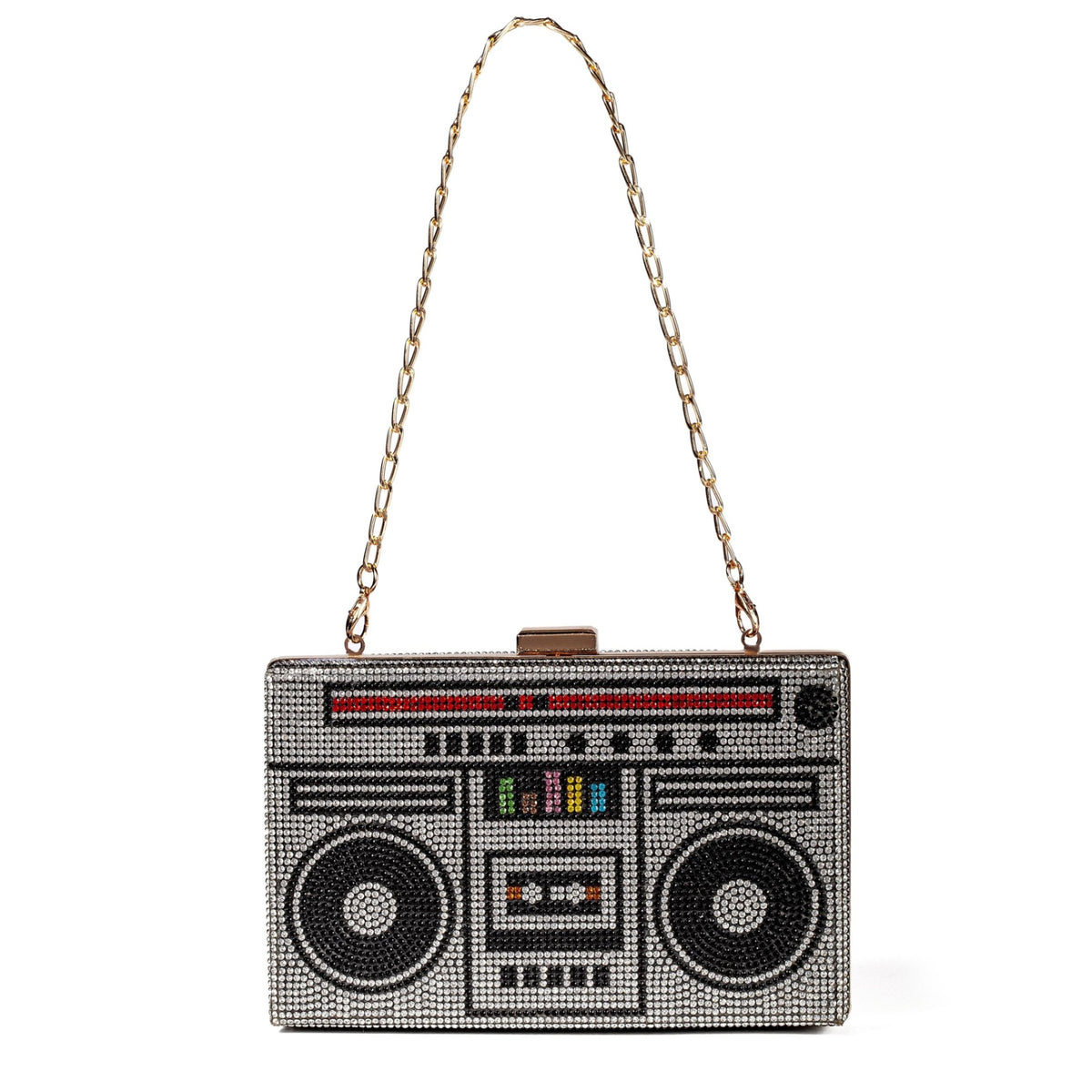 Women Retro Radio Shape BoomBox Crossbody Bag Rhinestone Metal Vintage Evening Clutch Purses