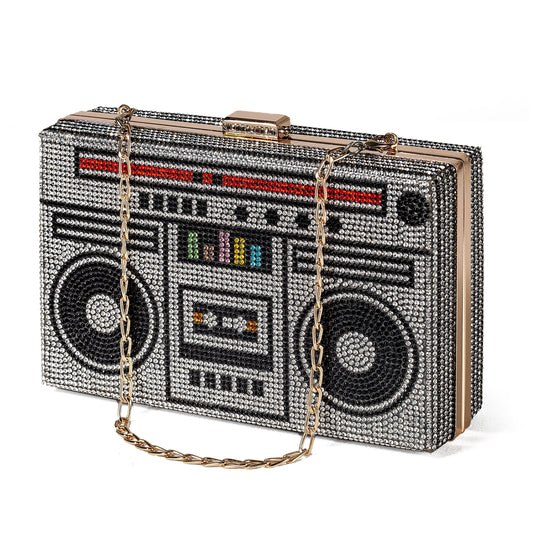 Women Retro Radio Shape BoomBox Crossbody Bag Rhinestone Metal Vintage Evening Clutch Purses