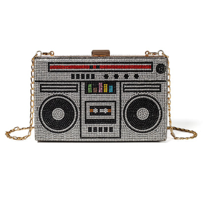 Women Retro Radio Shape BoomBox Crossbody Bag Rhinestone Metal Vintage Evening Clutch Purses