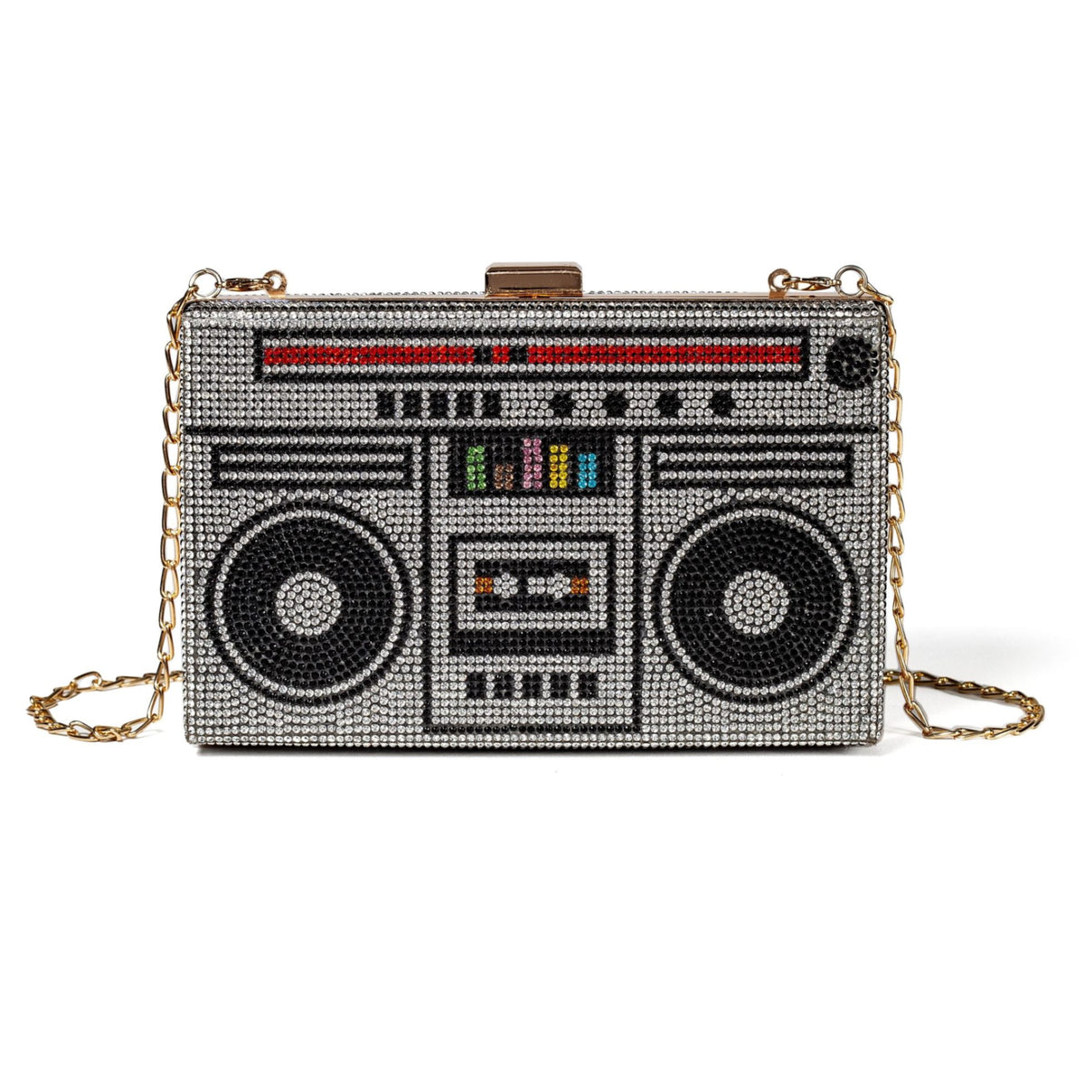 Women Retro Radio Shape BoomBox Crossbody Bag Rhinestone Metal Vintage Evening Clutch Purses