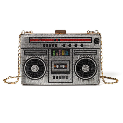 Women Retro Radio Shape BoomBox Crossbody Bag Rhinestone Metal Vintage Evening Clutch Purses