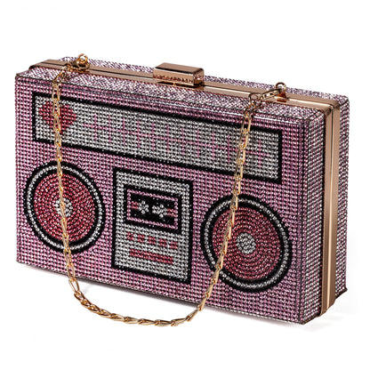 Women Retro Pink Radio Shape Crossbody Bag Rhinestone Metal Vintage Evening Clutch Purses