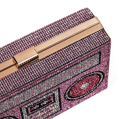 Women Retro Pink Radio Shape Crossbody Bag Rhinestone Metal Vintage Evening Clutch Purses