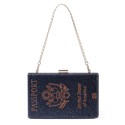 Women  Passport Shape Navy Crossbody Bag Rhinestone Metal Vintage Evening Clutch Purses