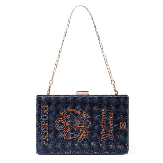 Women  Passport Shape Navy Crossbody Bag Rhinestone Metal Vintage Evening Clutch Purses