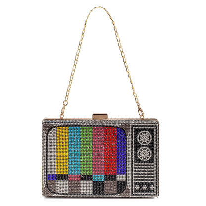 Women Retro TV Shape Crossbody Bag Rhinestone Metal Vintage Evening Clutch Purses