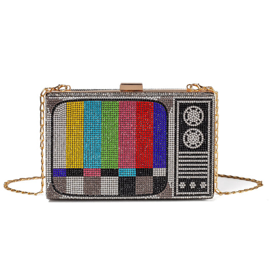 Women Retro TV Shape Crossbody Bag Rhinestone Metal Vintage Evening Clutch Purses