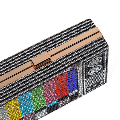 Women Retro TV Shape Crossbody Bag Rhinestone Metal Vintage Evening Clutch Purses