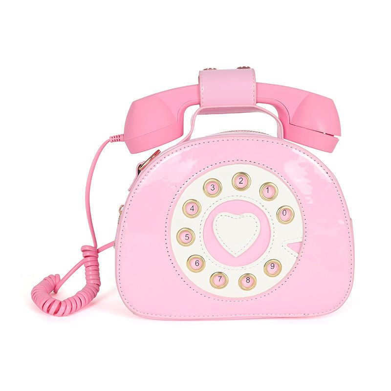 Novelty Pink Phone Tote Handbags Retro Dial Telephone Crossbody Shoulder Bag Pu Purse for Women