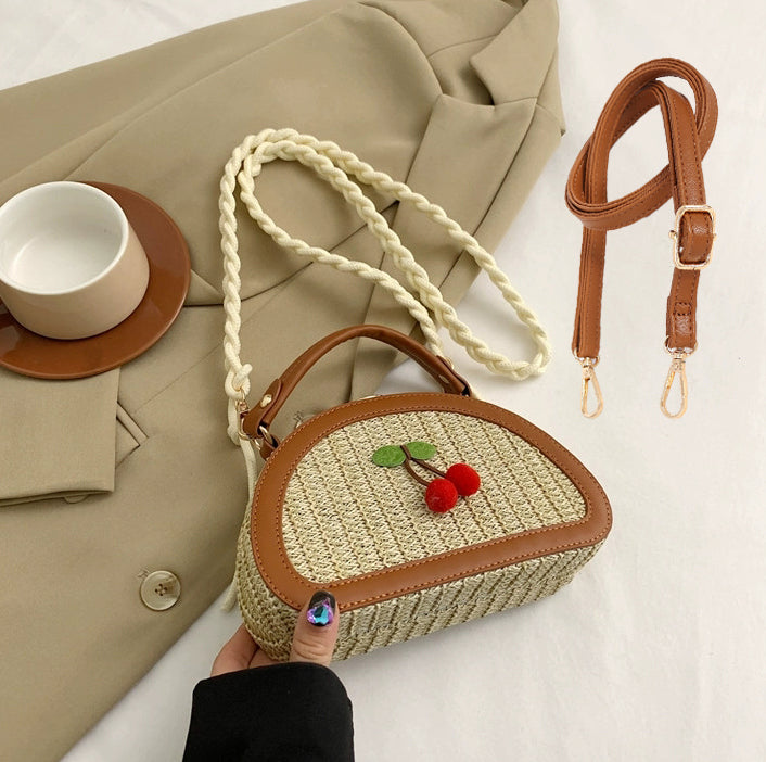 Straw Beach Bags For Women Bohemia Cherry Crossbody Purse Summer Vacation Bag Adjustable Shoulder Strap
