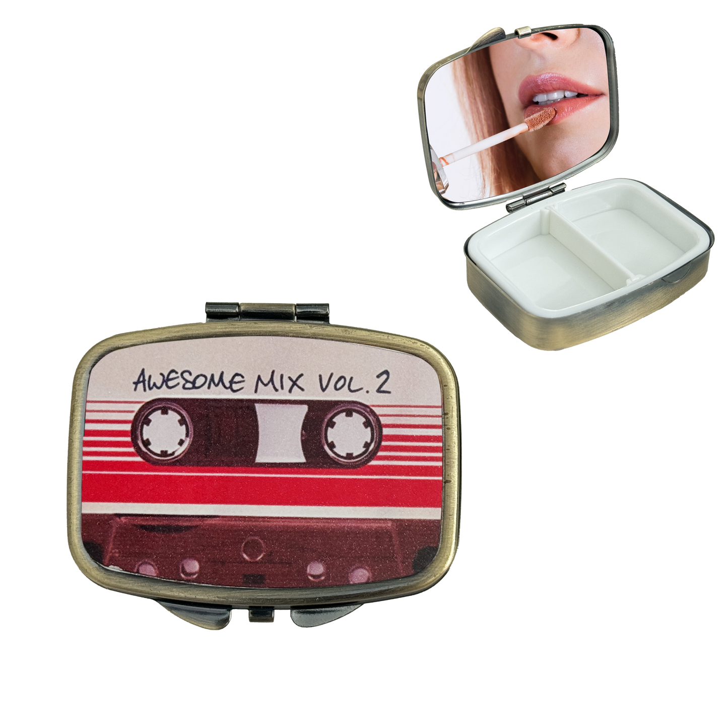 2 Compartment Pill Organizer Metal Portable Pill Box 2 Times a Day for Vitamin,Supplements Cassette Tape
