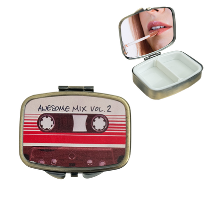 2 Compartment Pill Organizer Metal Portable Pill Box 2 Times a Day for Vitamin,Supplements Cassette Tape