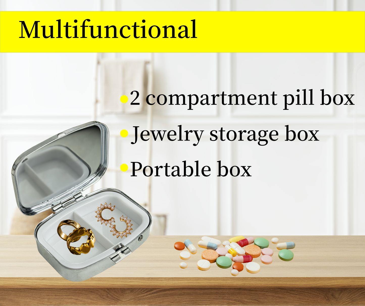 2 Compartment Pill Organizer Metal Portable Pill Box 2 Times a Day for Vitamin,Supplements Cassette Tape