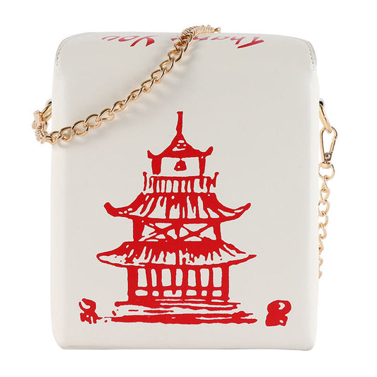 Chinese Takeout Purse Tower Print Crossbody Shoulder Bag with Adjustable Strap PU Box Purse