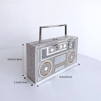 Women Retro Radio Shape BoomBox Crossbody Bag Rhinestone Metal Vintage Evening Clutch Purses